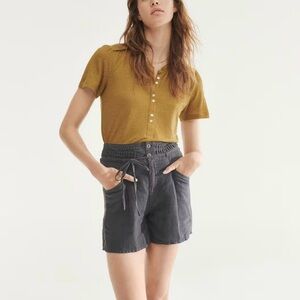 Wrap London High Waist Linen Charcoal Shorts with Smocked Waistband